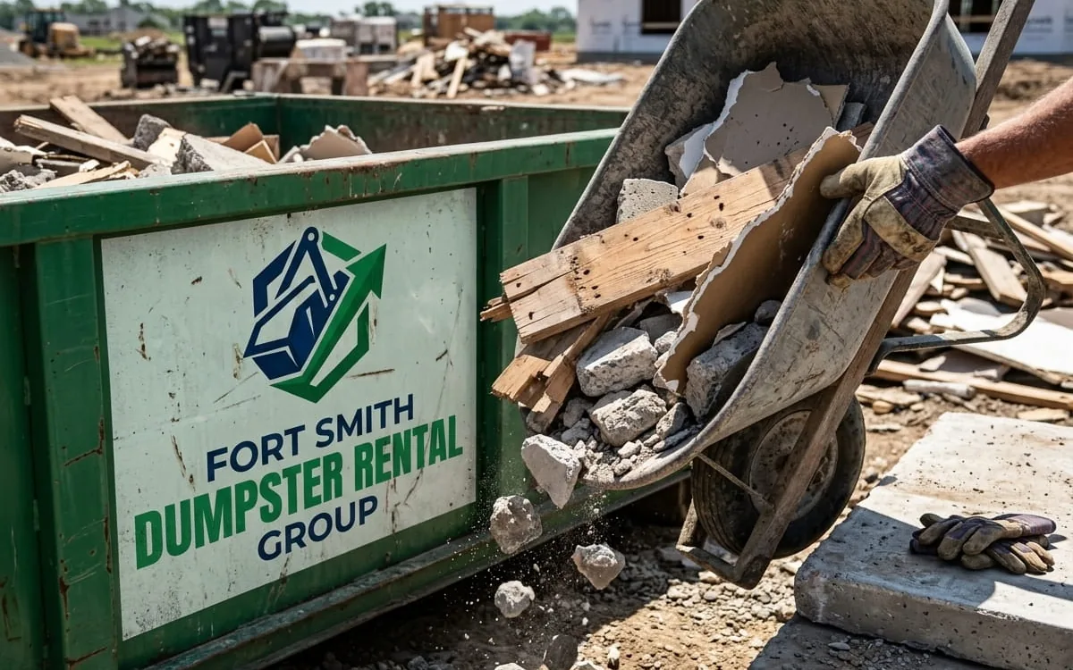 Dumpster loaded with broken concrete and heavy debris in Fort Smith