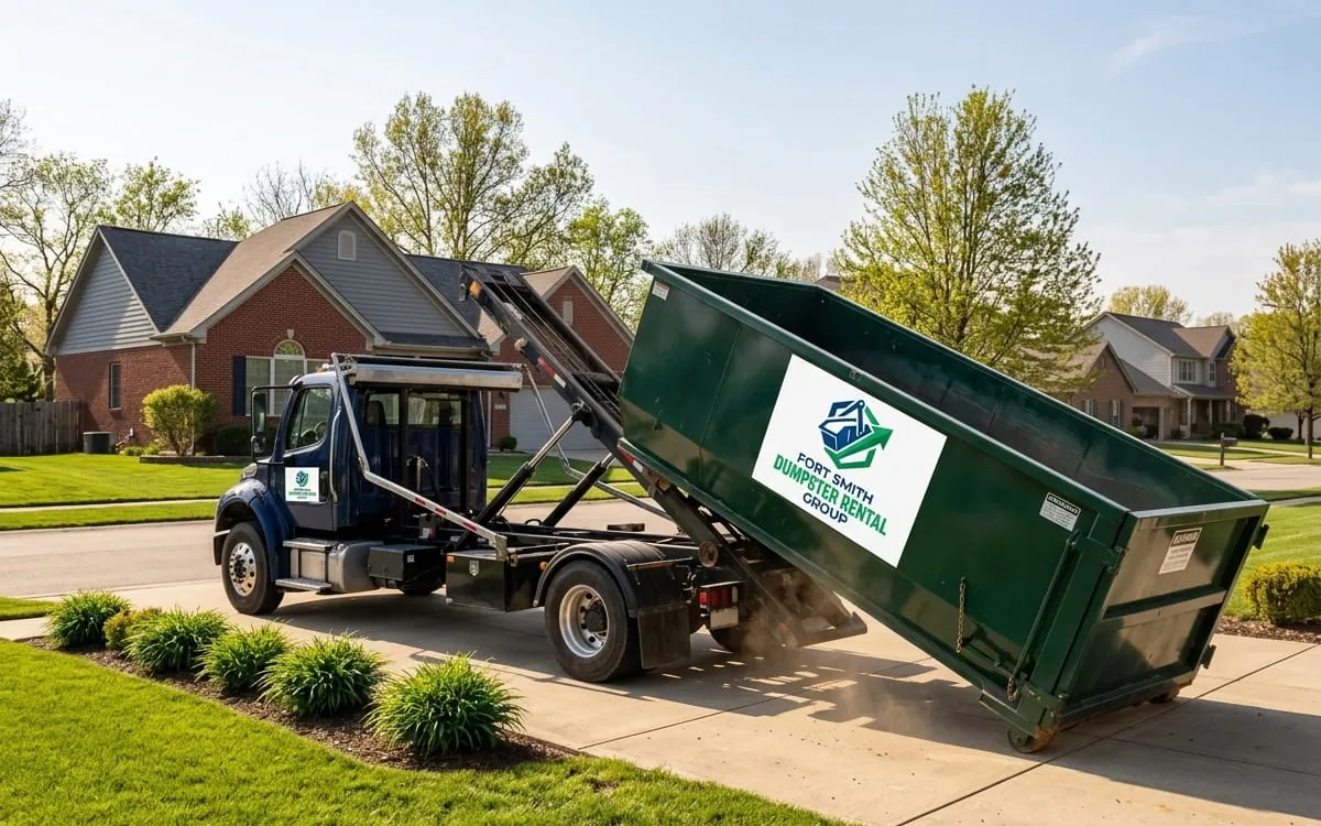 Roofing dumpster positioned by a Fort Smith home for a shingle tear-off