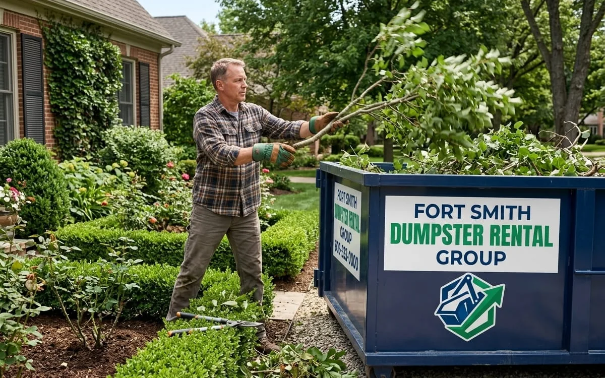 Homeowner loading yard brush into a dumpster in Fort Smith
