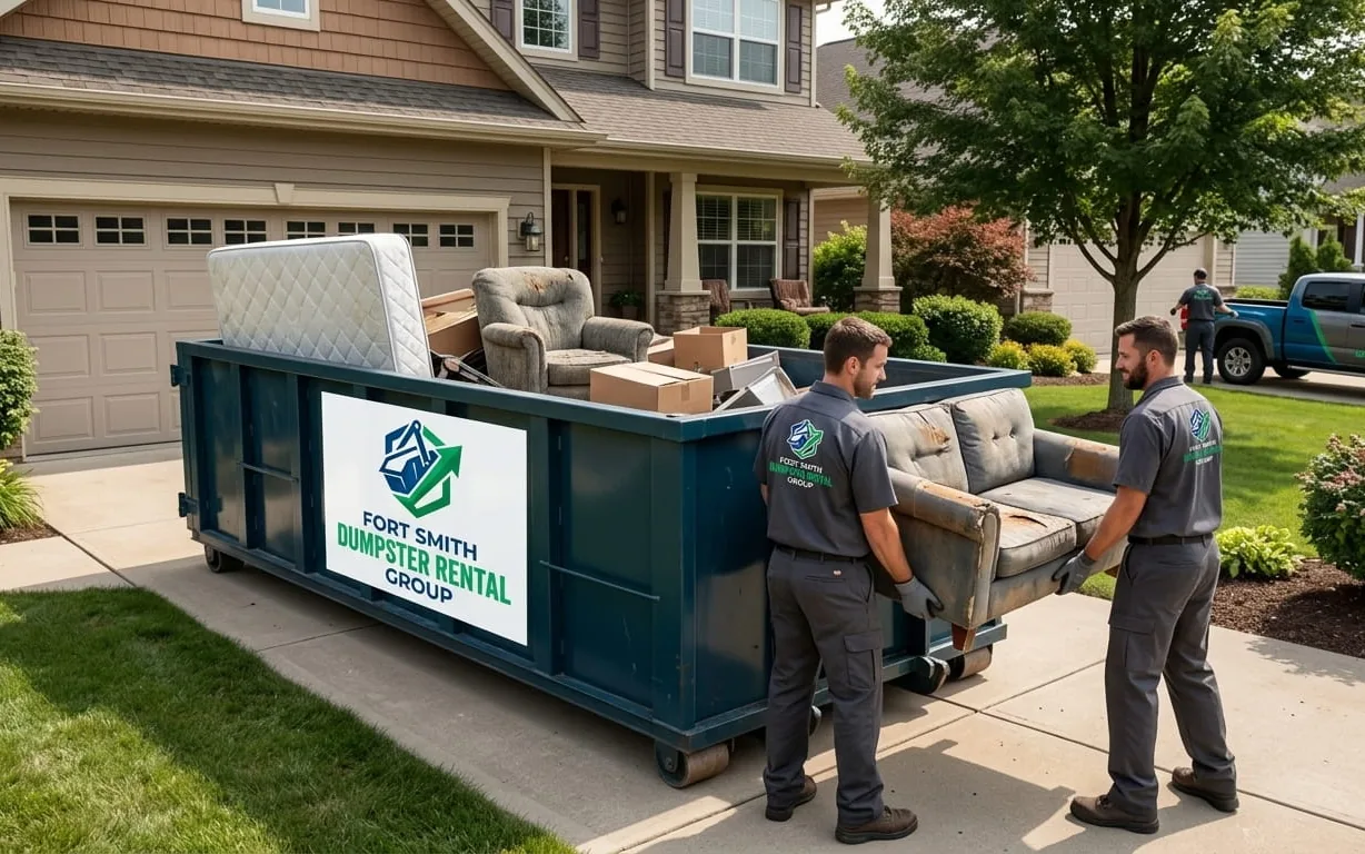 Workers loading furniture into a dumpster during a Fort Smith rental turnover